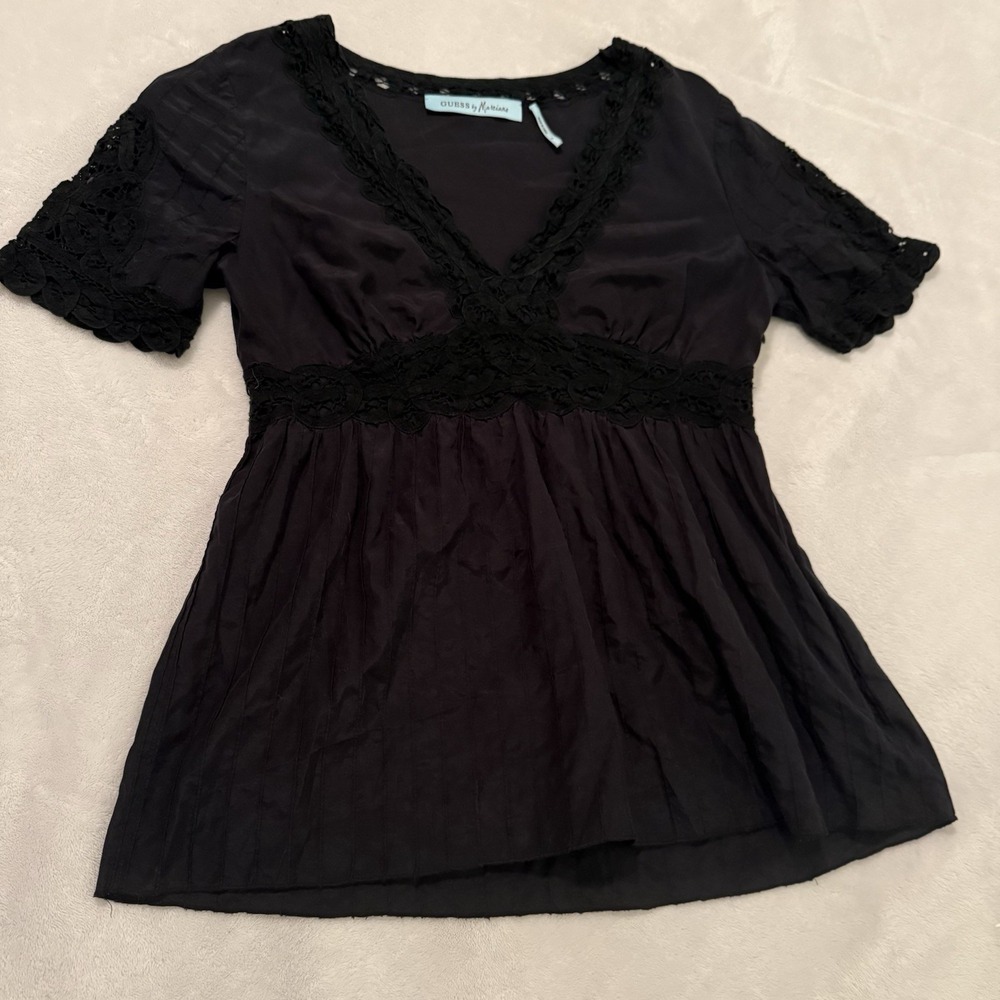 Guess by Marciano Cotton & Silk Babydoll Top Size Small Black Going Out Shirt - Picture 2 of 11